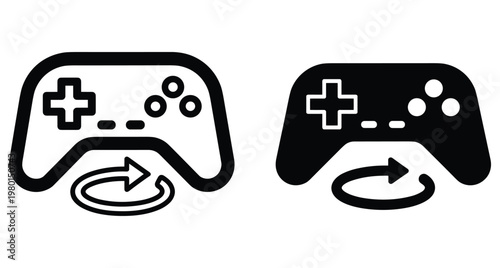 Game controller icon set with circular arrow symbol for video game restart replay update sync and gaming console interface design