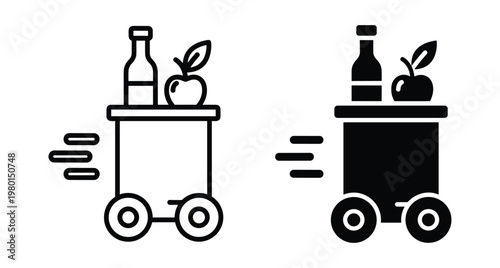 Food delivery cart icon set with bottle and apple on trolley showing fast motion for grocery service and restaurant shipping