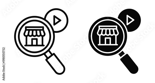 Magnifying glass searching for a retail shop with a video play button icon representing digital marketing and online store discovery
