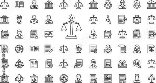 Law and legal justice line icon set featuring lawyer court balance scale minimal outline vector collection