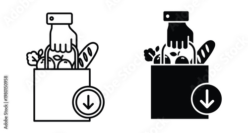 Hand holding grocery bag with food items and down arrow icon representing online shopping delivery service and digital order receipt