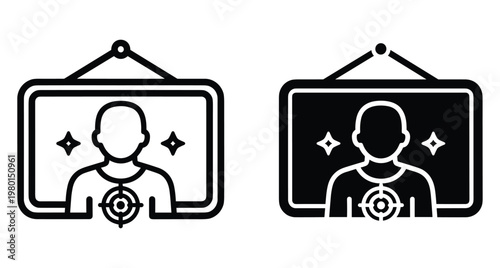 Target audience icon set showing person profile in frame with crosshair symbol for marketing strategy customer focus and user identification