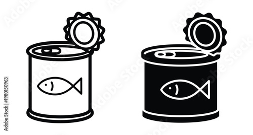 Canned fish icon set featuring open tin cans with fish label in outline and solid black silhouette styles for food packaging design