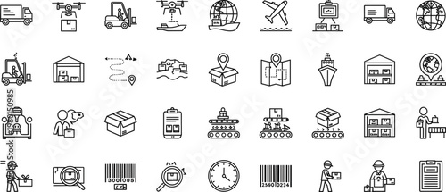 Logistics and global shipping line icon set featuring warehouse transport delivery minimal outline vector collection