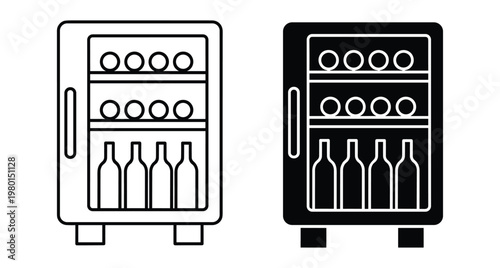 Wine refrigerator icon set featuring beverage cooler with bottles on shelves in outline and solid glyph styles for kitchen appliance design
