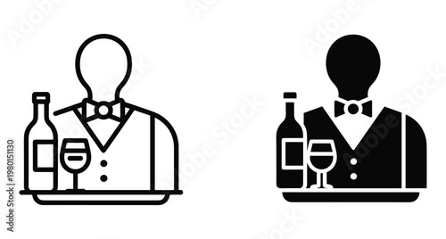 Waiter sommelier icon set showing server in vest and bowtie holding tray with wine bottle and glass for restaurant service