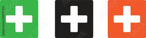 Medical cross icons in green, black, and orange squares, first aid and healthcare symbols, emergency service vector signs for hospital apps