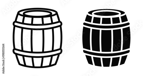 Wooden barrel icon set featuring outline and solid silhouette designs for wine beer whiskey storage brewery winery cellar and liquid containers