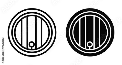 Wooden barrel icons for wine beer and whiskey storage featuring minimalist outline and solid black circular designs for brewery winery branding