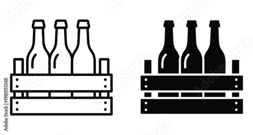 Wooden crate with three glass bottles icon set in outline and solid black style for beverage storage and delivery service