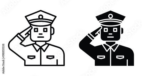 Military officer saluting icon set featuring soldier in uniform with cap in outline and solid black glyph style for web design