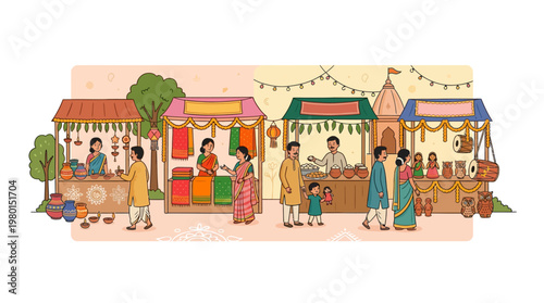 People celebrate Pohela Boishakh in a vibrant India market with food and stalls.