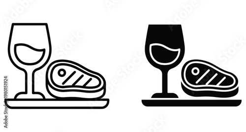 Steak and wine glass icon set featuring meat fillet and alcoholic beverage on a plate for restaurant menu design elements