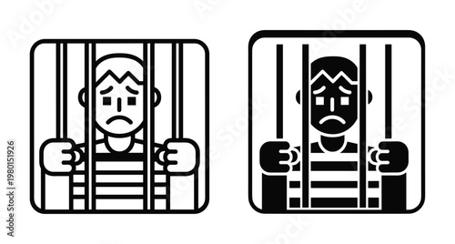 Sad prisoner man behind jail bars icon set in outline and solid style representing crime punishment justice incarceration and legal system