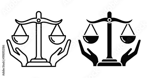 Justice scale icon set with hands holding balance symbol for law legal system equality rights protection fairness and judicial integrity