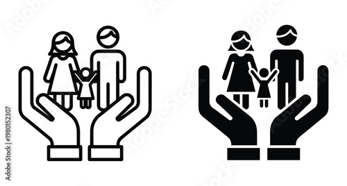 Family protection icon set showing parents and child held in hands for insurance security safety support and care concepts