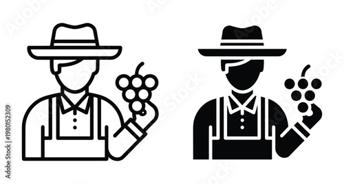 Winemaker icon set featuring a male farmer wearing a hat and apron holding a bunch of grapes for vineyard harvest