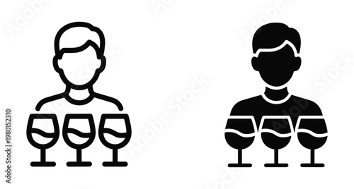 Sommelier icon set featuring a person with three wine glasses for tasting events restaurant service hospitality and beverage industry professional use