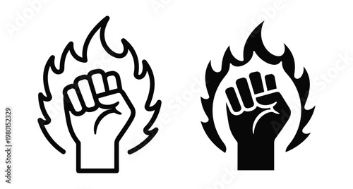 Clenched fist raised in protest with fire flames symbol for power strength revolution resistance freedom justice and human rights movement