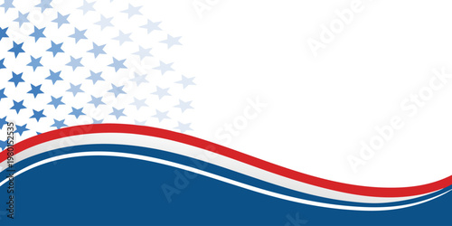 Red white and blue wavy background with a cluster of faded stars on the left side and patriotic curved stripes at the bottom