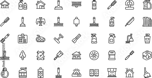Household cleaning tools and home maintenance line icon set featuring broom brush detergent minimal outline vector collection