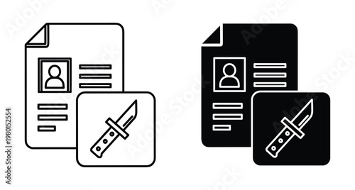 Criminal record document icon set with knife symbol for history check security profile identification and legal law enforcement investigation purposes