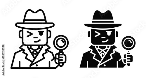 Detective character icon set featuring a man in a fedora and trench coat holding a magnifying glass and winking