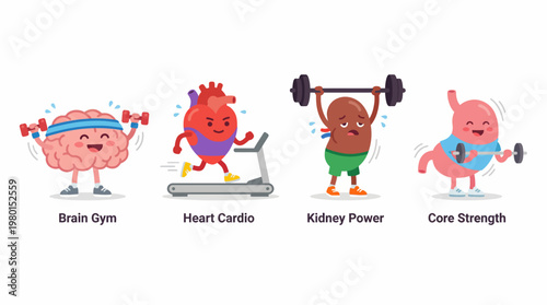 Cute Cartoon Characters Representing Body Organs Engaging in Fitness Activities for Health and Wellness