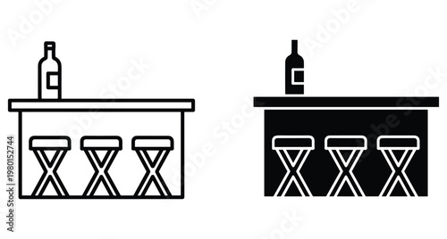 Bar counter icon set featuring high stools and a wine bottle on a table in outline and solid styles