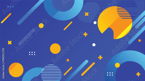 Abstract geometric background with blue and yellow circles lines and plus signs on a dark blue backdrop featuring flat shapes and layered circular in a playful composition