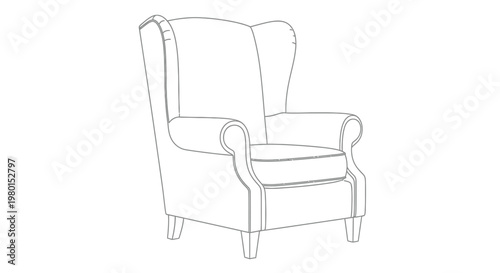 A simple line drawing depicts a classic wingback armchair showcasing its elegant form and comfortable design