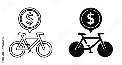 Bicycle rental price icon set showing bike with dollar sign symbol for transport cost purchase sale and cycling business services