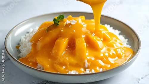 Delicious Mango Sticky Rice Dessert with Coconut Milk and Fresh Mango.