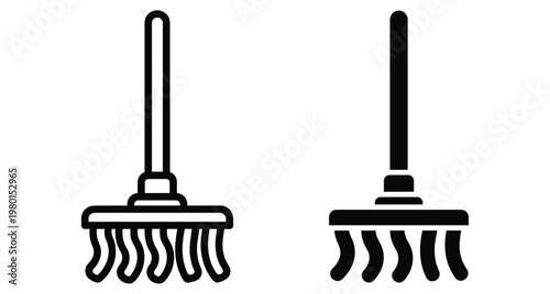 Garden rake icon set for soil cultivation and landscaping maintenance featuring outline and solid black vector symbols for agricultural work