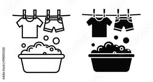 Laundry icon set featuring t shirt and shorts hanging on clothesline with clothespins above wash basin filled with soapy water bubbles