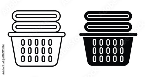 Laundry basket icon set with folded clothes and towels for washing service housekeeping chores domestic cleaning and home organization symbols