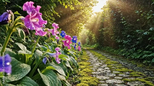 Beautiful flowers and a stone path in a sunny garden.