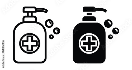 Hand sanitizer bottle icon set with medical cross symbol and soap bubbles for hygiene protection and virus prevention measures