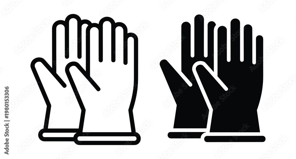 Obraz premium Protective work gloves icon set featuring outline and solid black styles for industrial safety construction gardening and household cleaning tasks