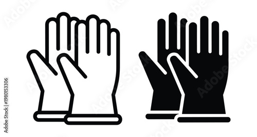 Protective work gloves icon set featuring outline and solid black styles for industrial safety construction gardening and household cleaning tasks