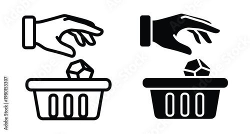 Hand reaching to pick up or place a stone into a basket container icon set in outline and solid styles for mining geology collection sorting