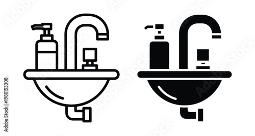 Bathroom sink icon set with faucet soap dispenser and drain pipe in outline and solid black glyph style for design