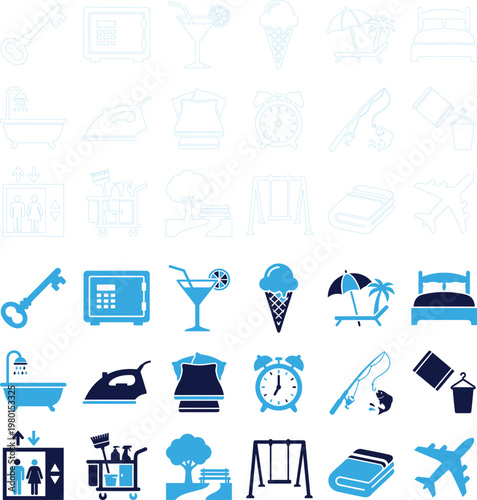 Hotel and travel related icons like bed safe ice cream cocktail and beach umbrella.