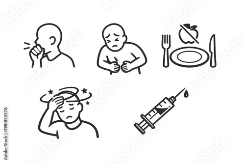 Vector set of black and white line art icons illustrating health symptoms and medical signs including coughing, stomach ache, loss of appetite, dizziness, headache, and a syringe for injection.
