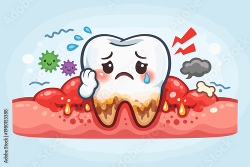 Adorable Cartoon Tooth with Swollen Gums and Periodontal Disease Symptoms, Featuring Sad Crying Tooth Character, Bacteria, Inflammation, and Tartar for Dental Health Education and Awareness.