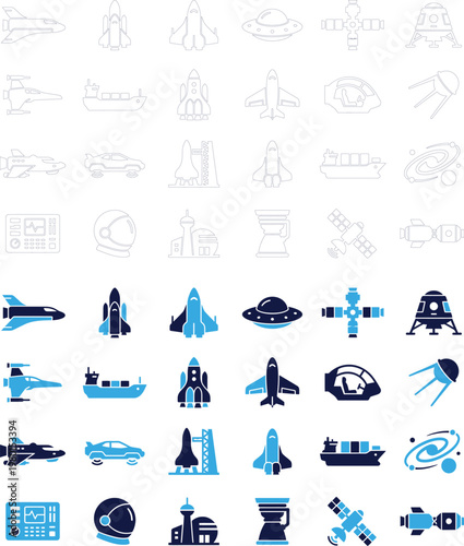 Set of space and transport icons in blue and white outlines and solid colors.