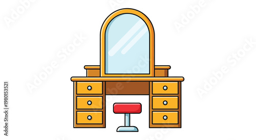 A cartoon illustration depicts a classic wooden vanity table with a mirror and stool