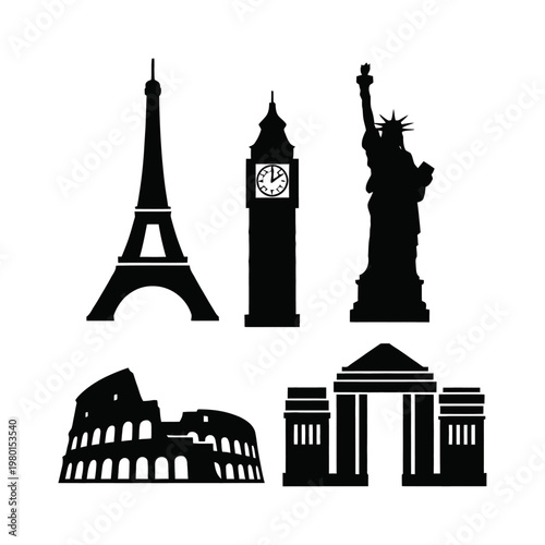 Iconic world landmarks silhouette collection eiffel tower big ben statue of liberty colosseum