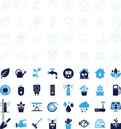 Gardening equipment icons collection including botanical care tools and irrigation systems.