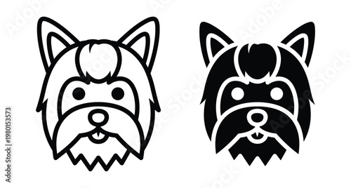 Yorkshire terrier dog head icon set featuring outline and solid black silhouette designs for pet grooming logos and animal branding